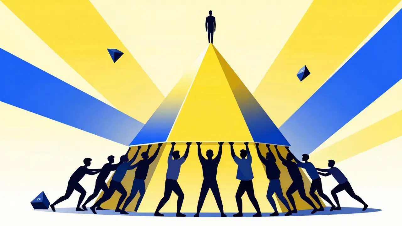 Abstract constructivist art showing a crowd supporting a token pyramid, symbolizing fair distribution.