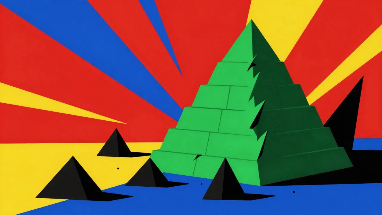 Abstract constructivist illustration of fees eroding a profit pyramid with sharp shapes.