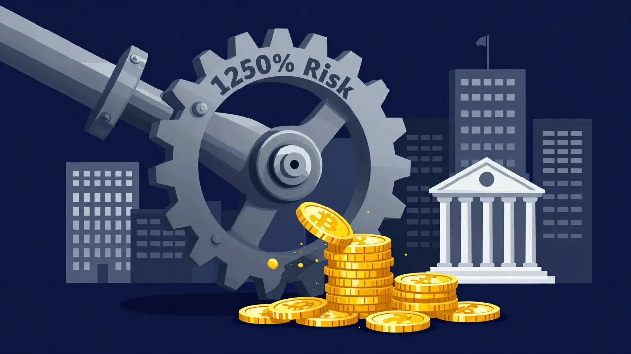 Abstract gears crushing coins representing high banking risk weights