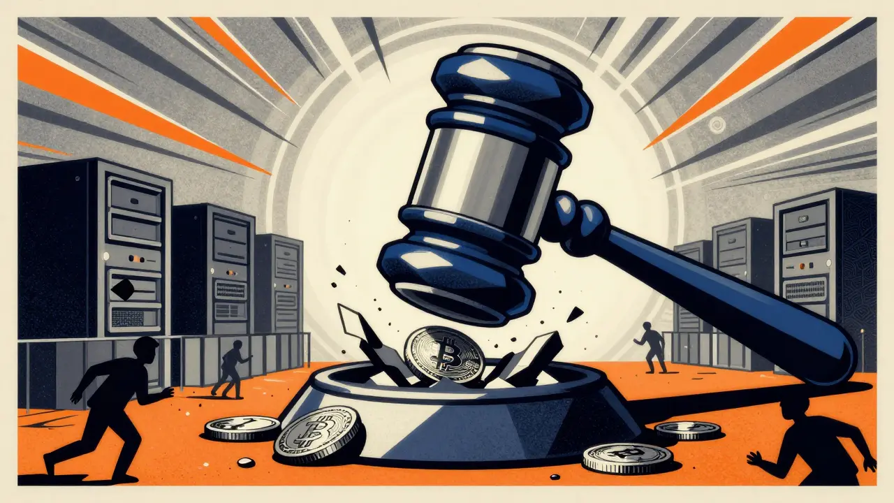 Abstract illustration of a legal ban crushing crypto assets and servers.