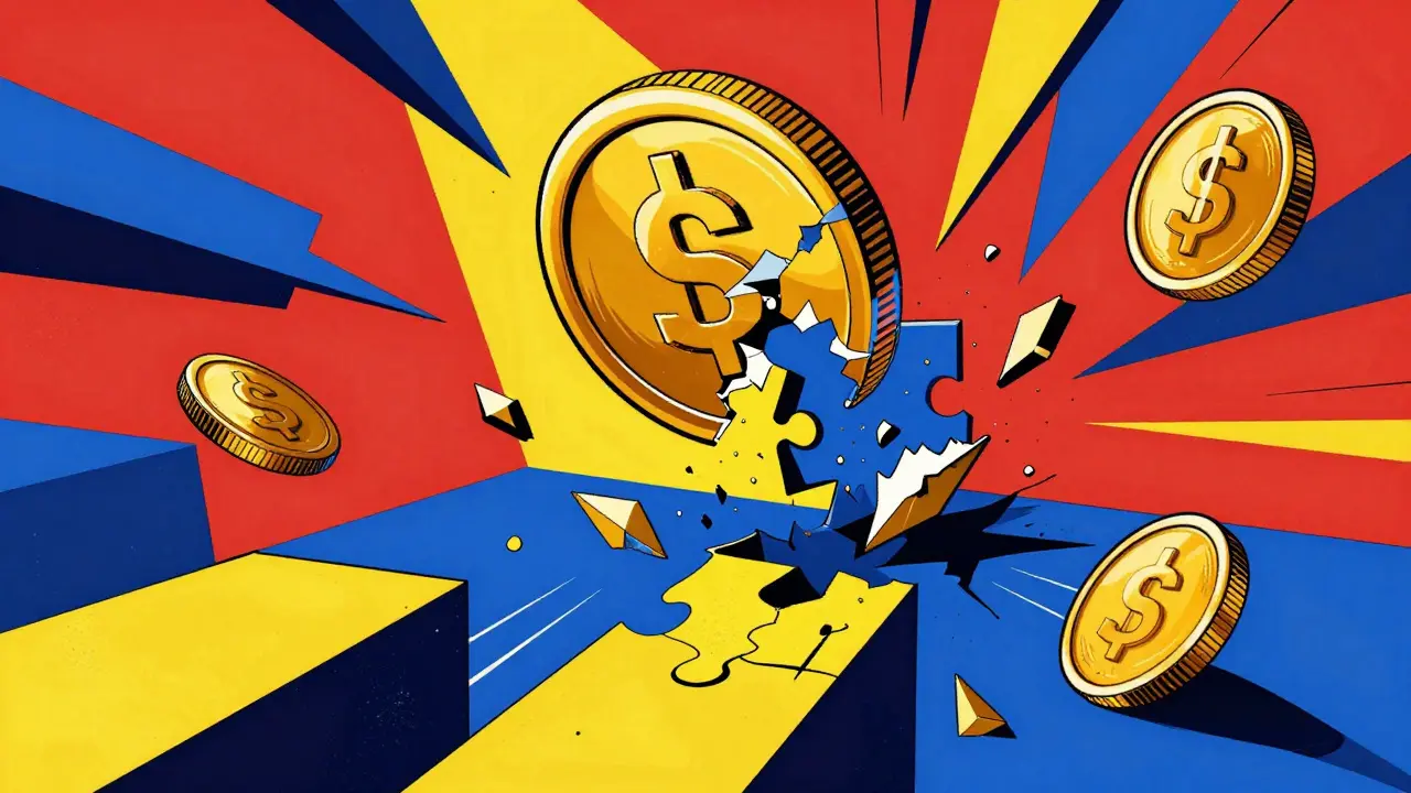 Abstract illustration of SplitShield splitting coins into risky fragments across platforms.
