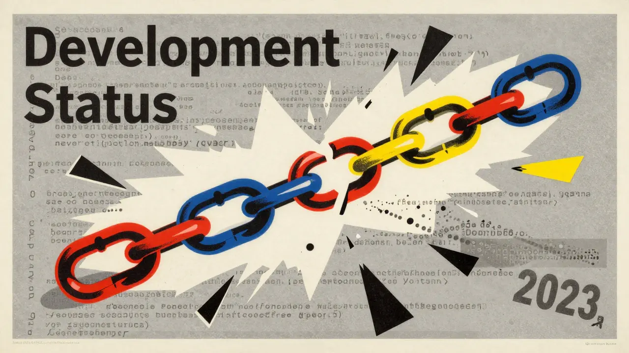 Broken chain links and code fragments in bold constructivist poster style.