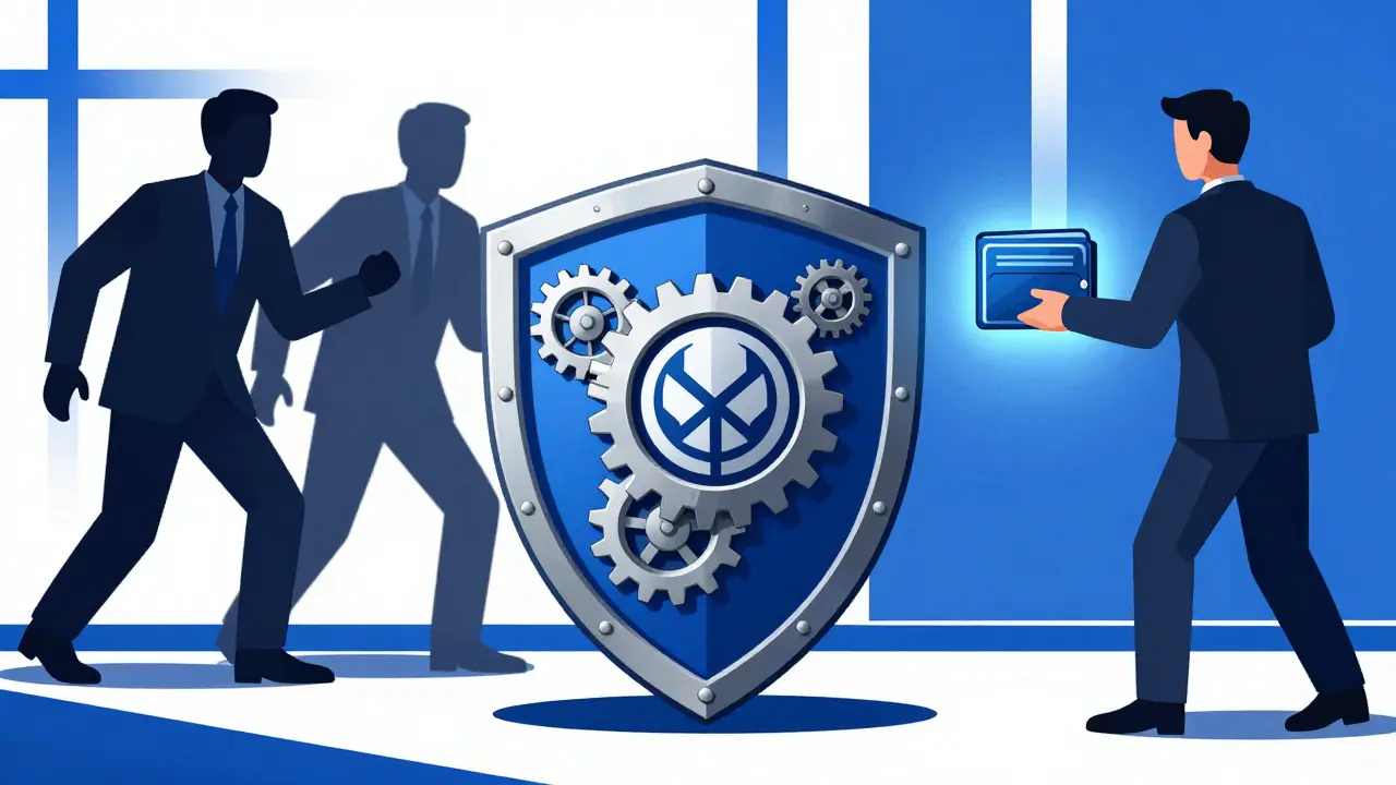 Constructivist art showing a shield protecting digital assets