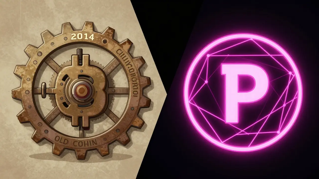 Constructivist illustration contrasting old mechanical gears with modern digital pink networks.