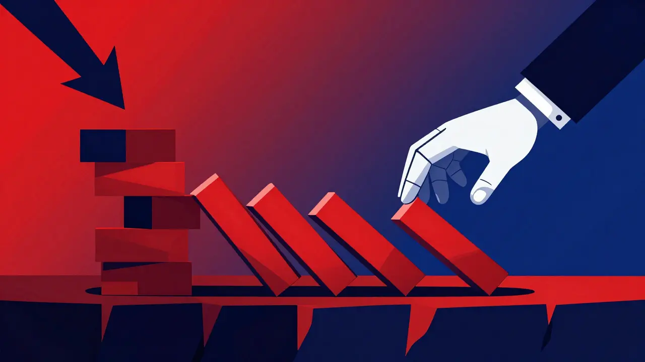 Constructivist style image of assets falling off a cliff and being seized by a mechanical hand.