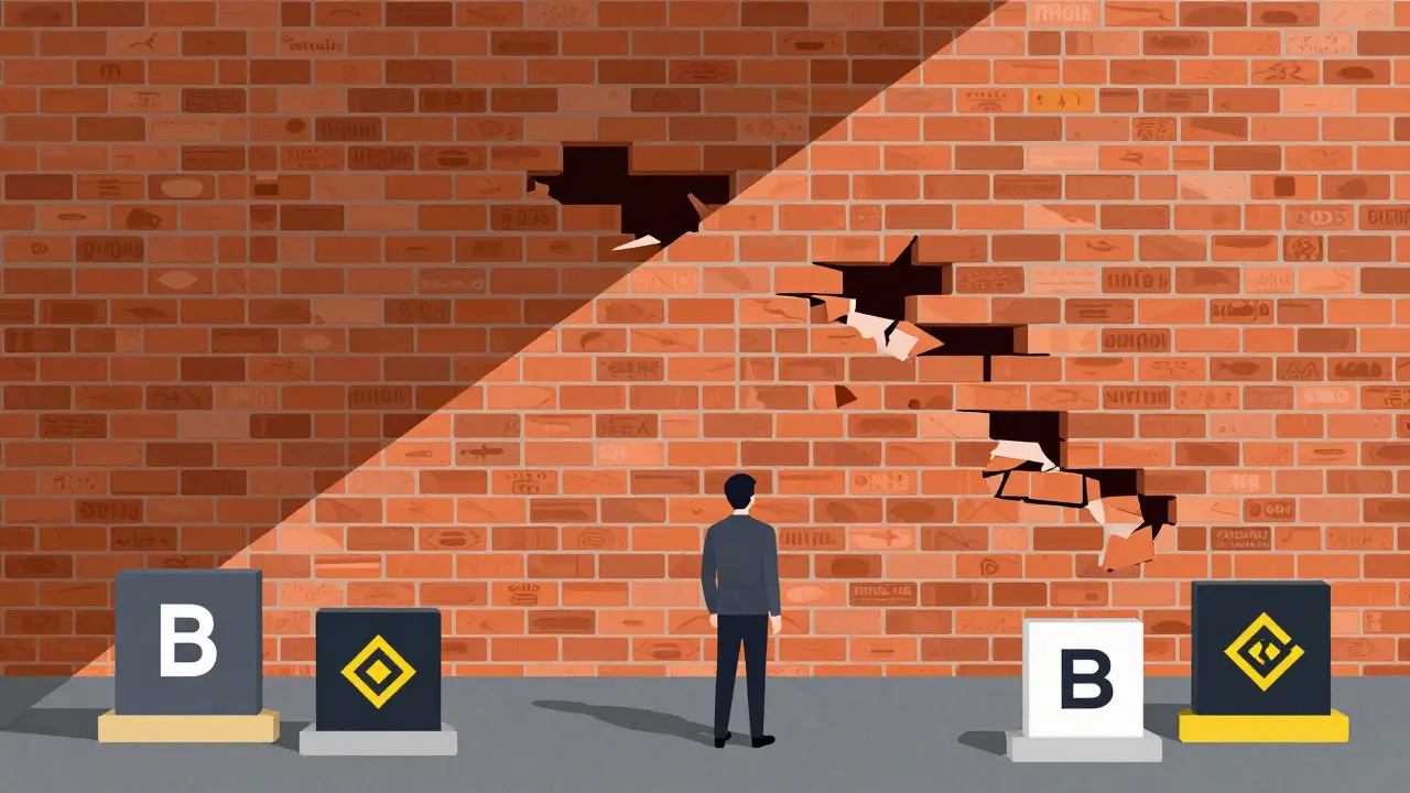 Contrast between crumbling unverified platform and solid established crypto exchanges.