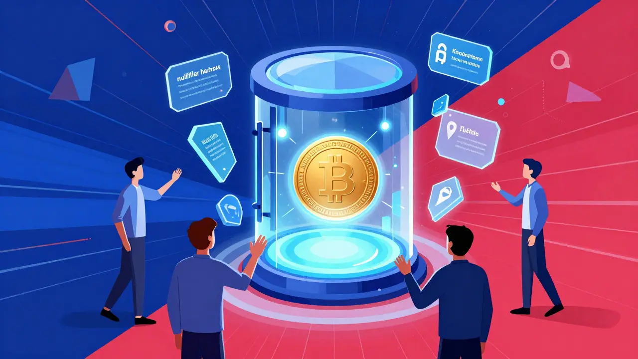 Futuristic constructivist design showing cryptographic verification and secure digital tokens.