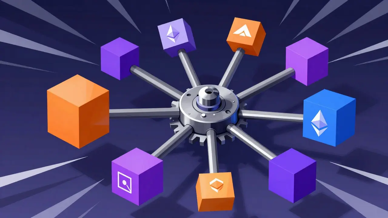 Geometric art showing interconnected blockchain networks via a central DeFi hub.