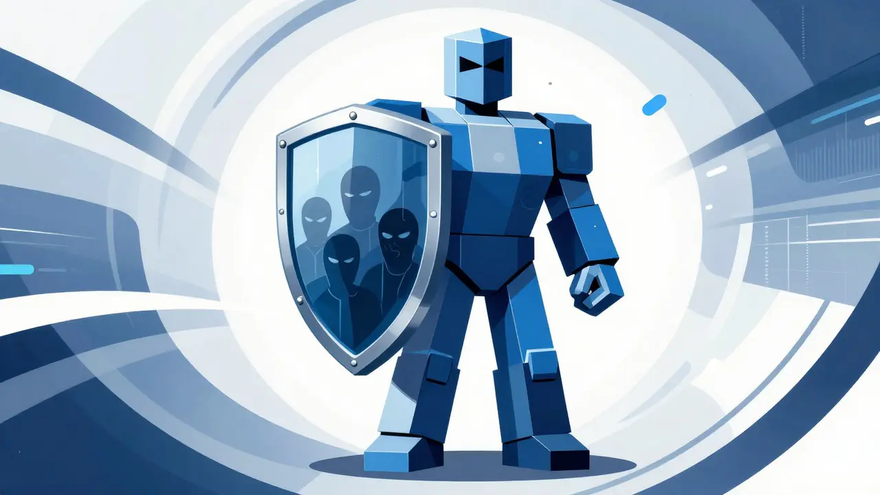 Geometric blue guardian figure holding a shield against abstract digital threats in a constructivist style.