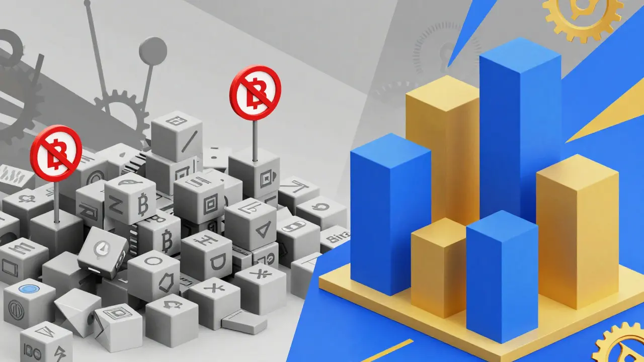 Geometric illustration comparing unstable gray blocks to stable, regulated financial structures in bold colors.