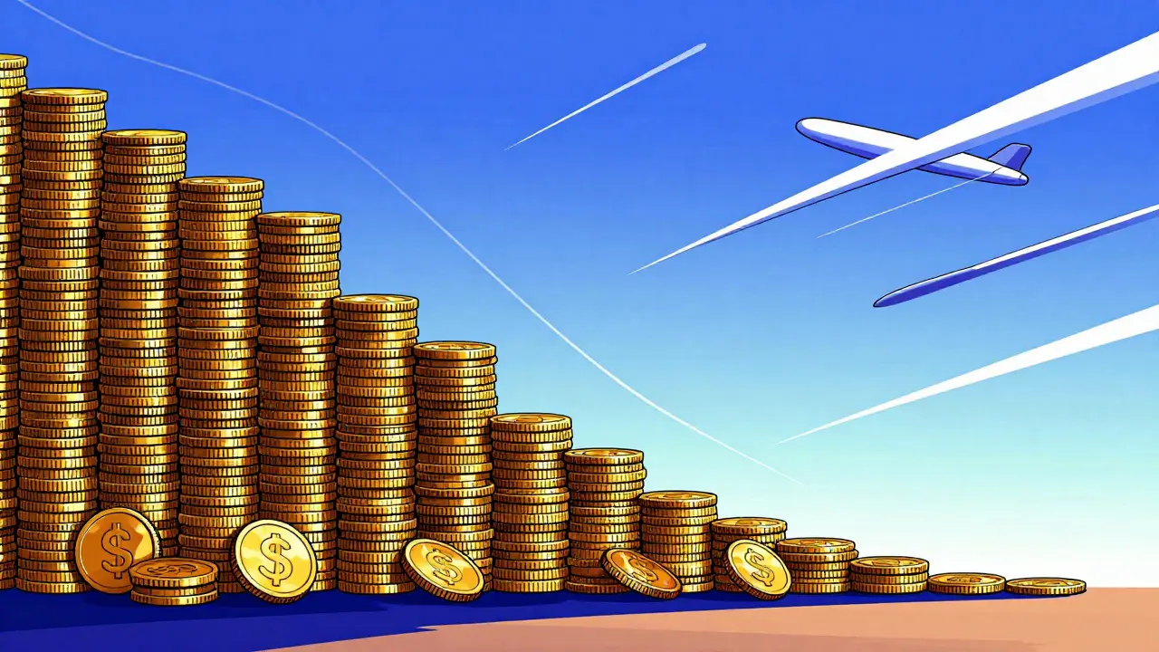 Geometric illustration of a descending coin mountain, representing Solana's decreasing inflation rate.