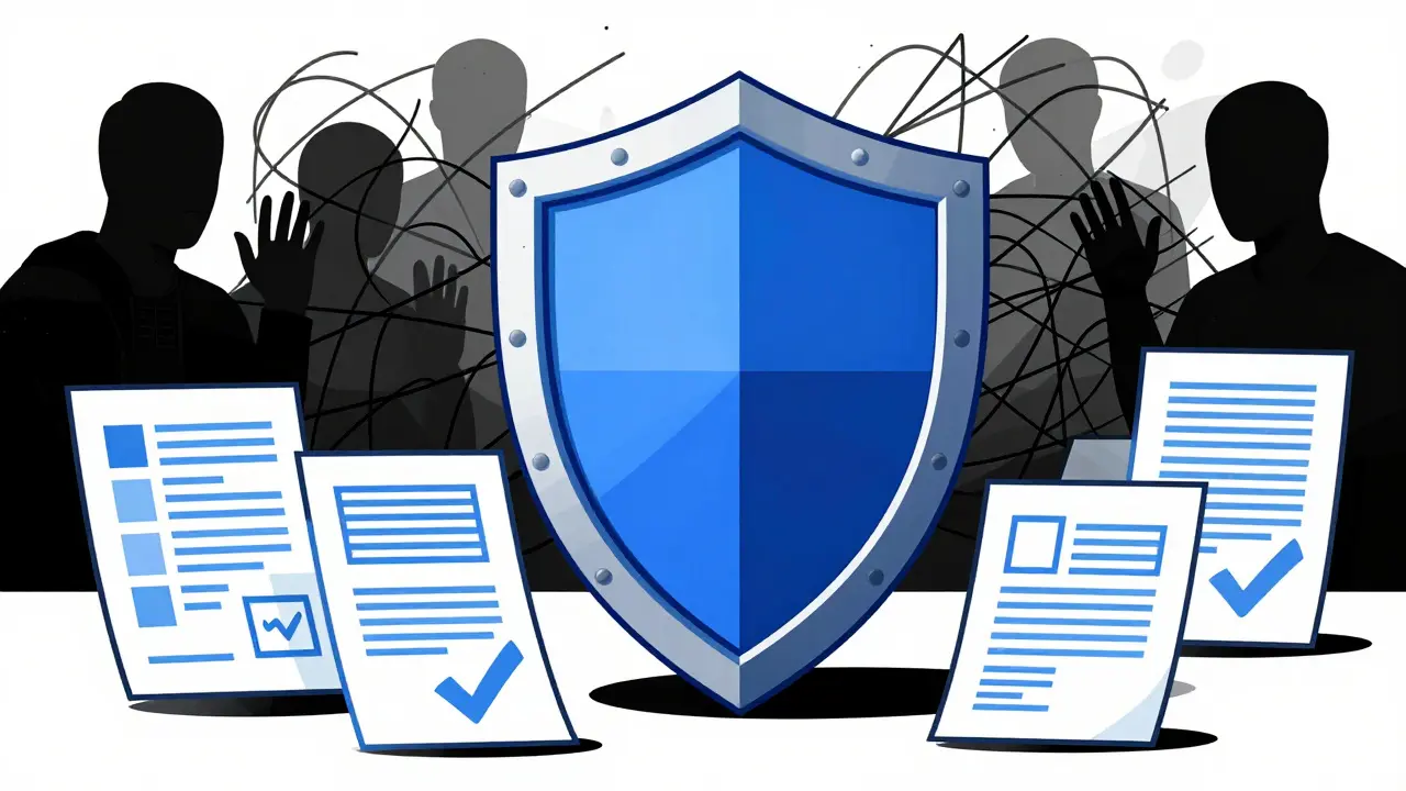 Geometric shield protecting data from chaotic threats, contrasting with orderly blueprints and checkmarks.