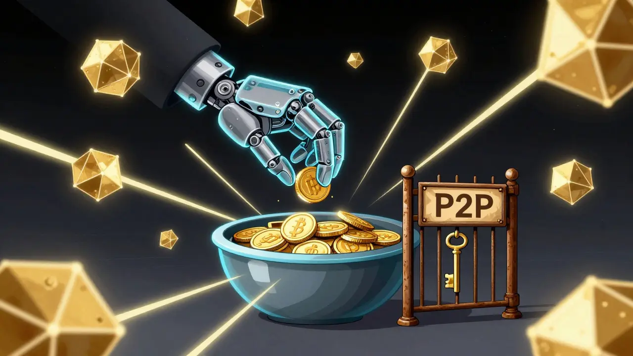 Glowing blockchain nodes connect to automate fund transfers securely.