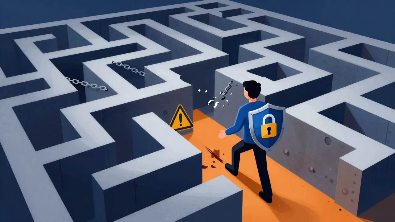 Heroic figure navigating geometric security maze with shield against crypto scams