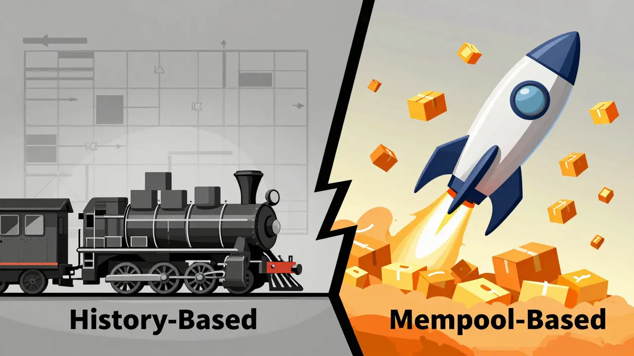 Illustration comparing slow historical data train vs fast real-time mempool rocket