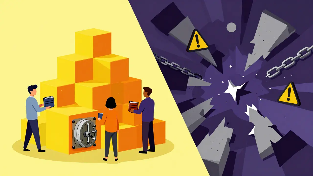 Illustration comparing stable yellow geometric blocks for safe crypto buying against chaotic grey scam shapes.