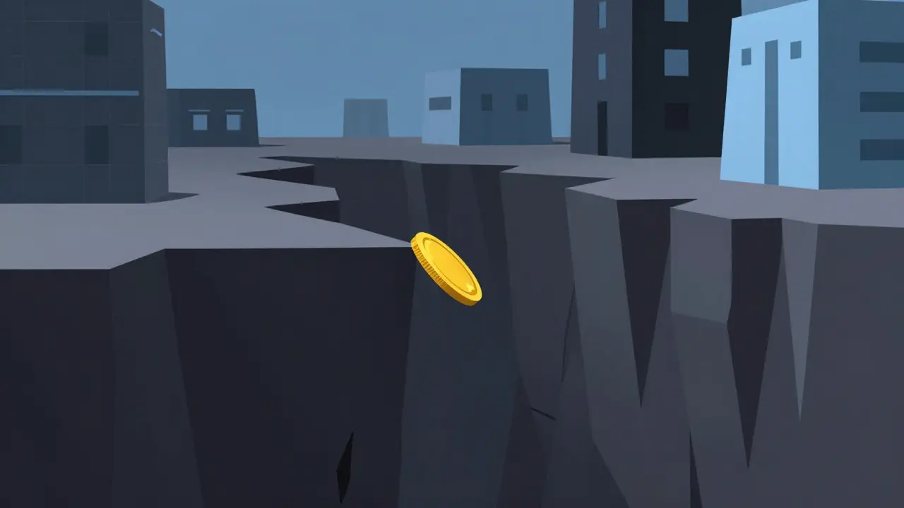 Illustration of a coin slipping on a steep cliff, symbolizing low liquidity and trading risks.