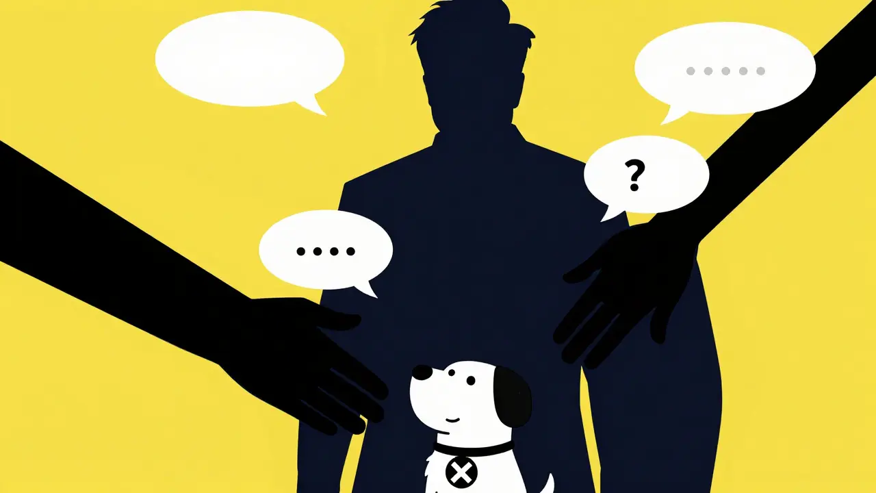 Illustration of a rejected dog mascot and a shadowy figure denying endorsement.