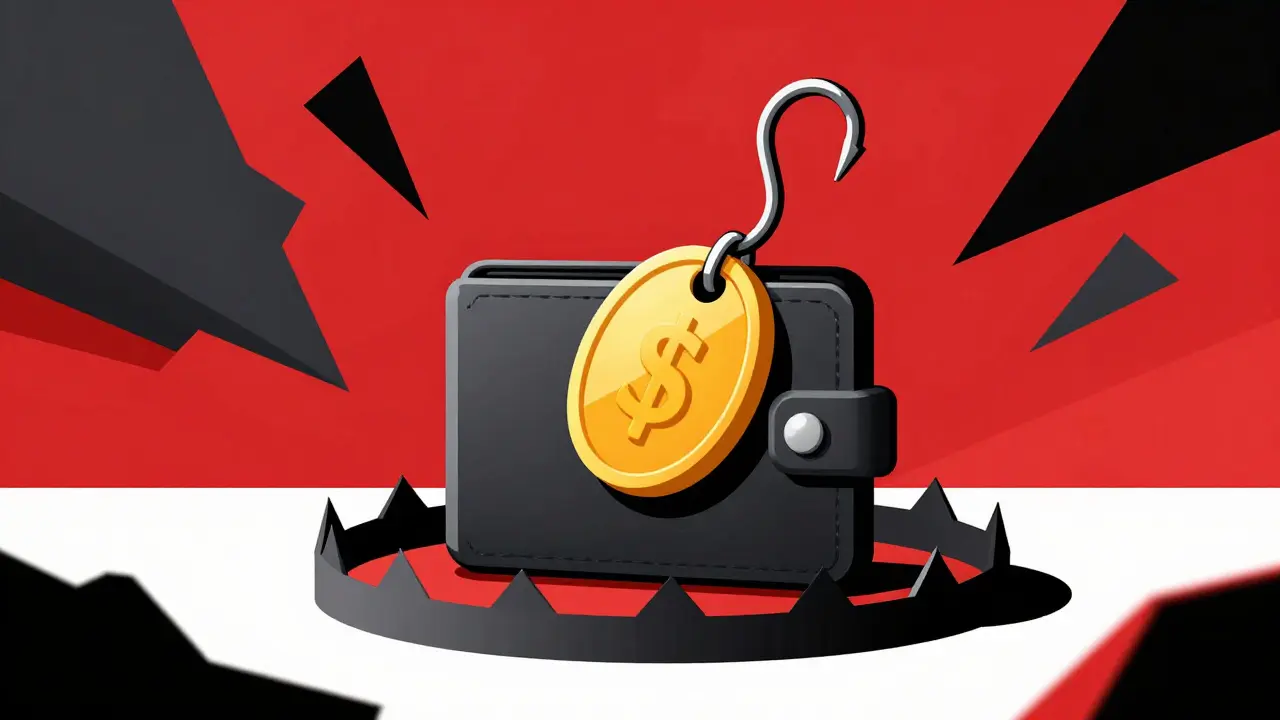 Illustration of a wallet falling into a trap set by a fake golden crypto token, surrounded by jagged red shapes.