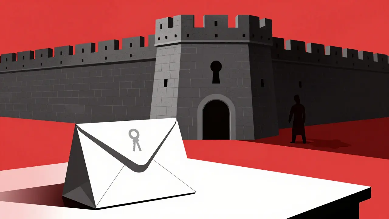 Open envelope next to a looming fortress wall with a hidden keyhole.