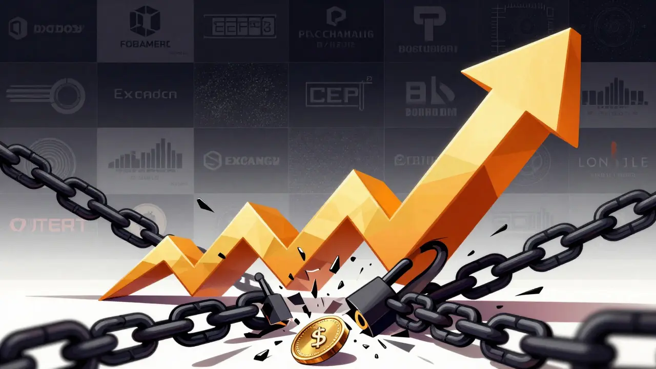 Rising price arrow breaking through regulatory chains in constructivist illustration