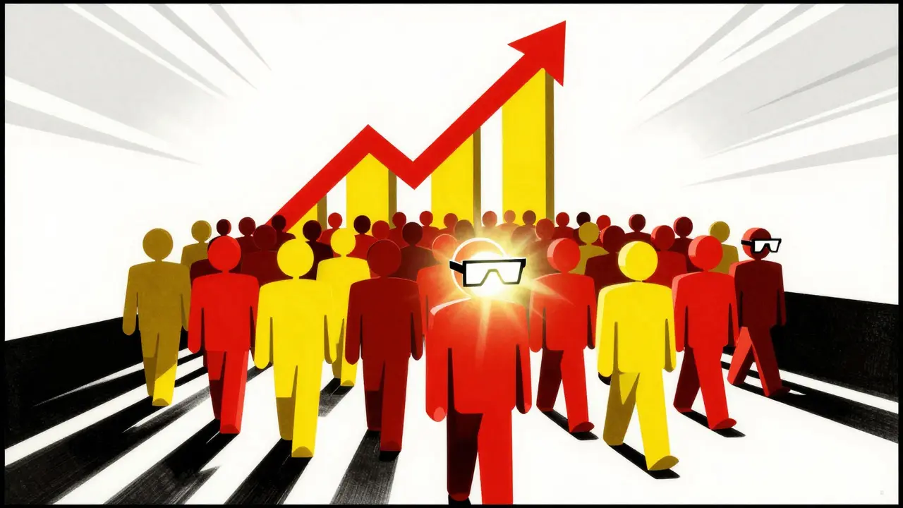 Stylized constructivist illustration of users marching into a rising graph with glowing NFT glasses.
