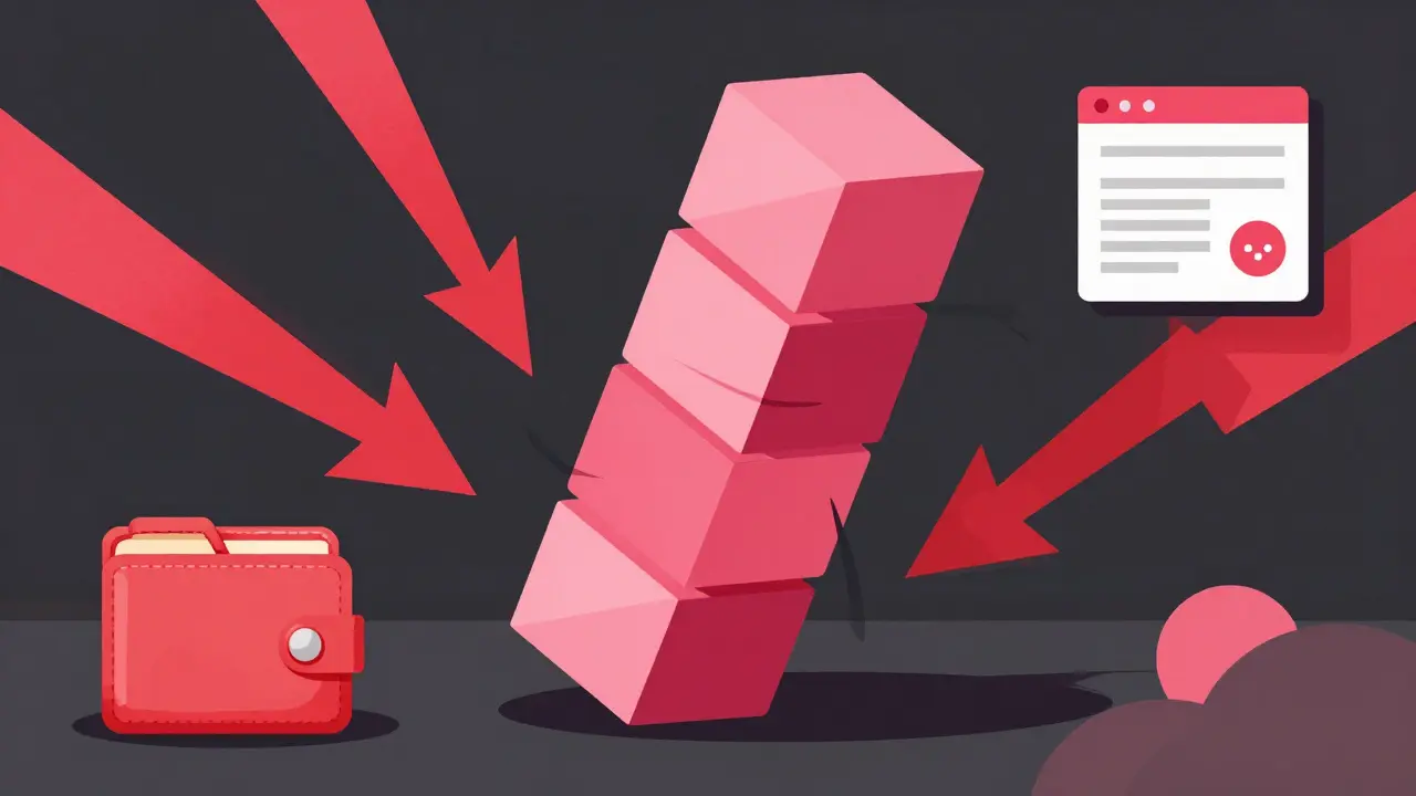 Stylized constructivist image of teetering pink blocks symbolizing low liquidity and crypto risk.