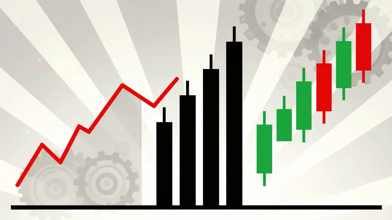 Stylized graphic comparison of line, bar, and candlestick chart types