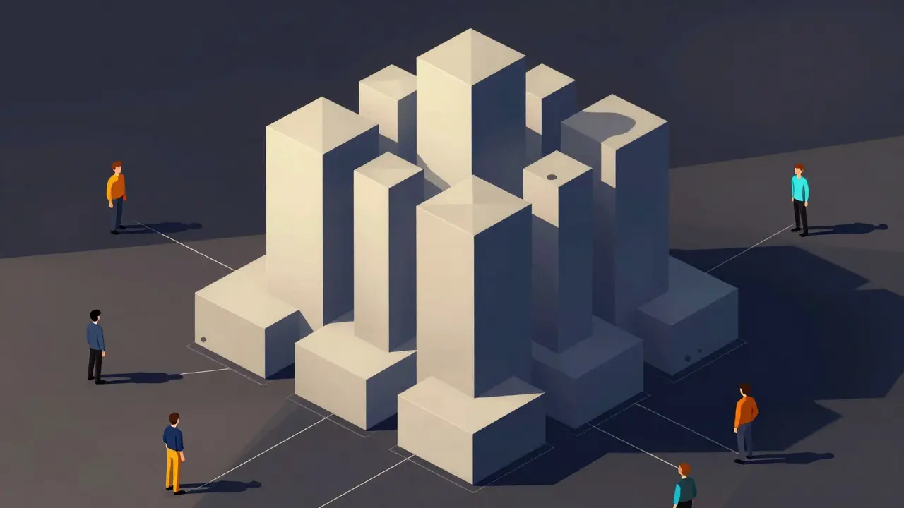 Stylized illustration depicting centralized blockchain structure and network hierarchy.