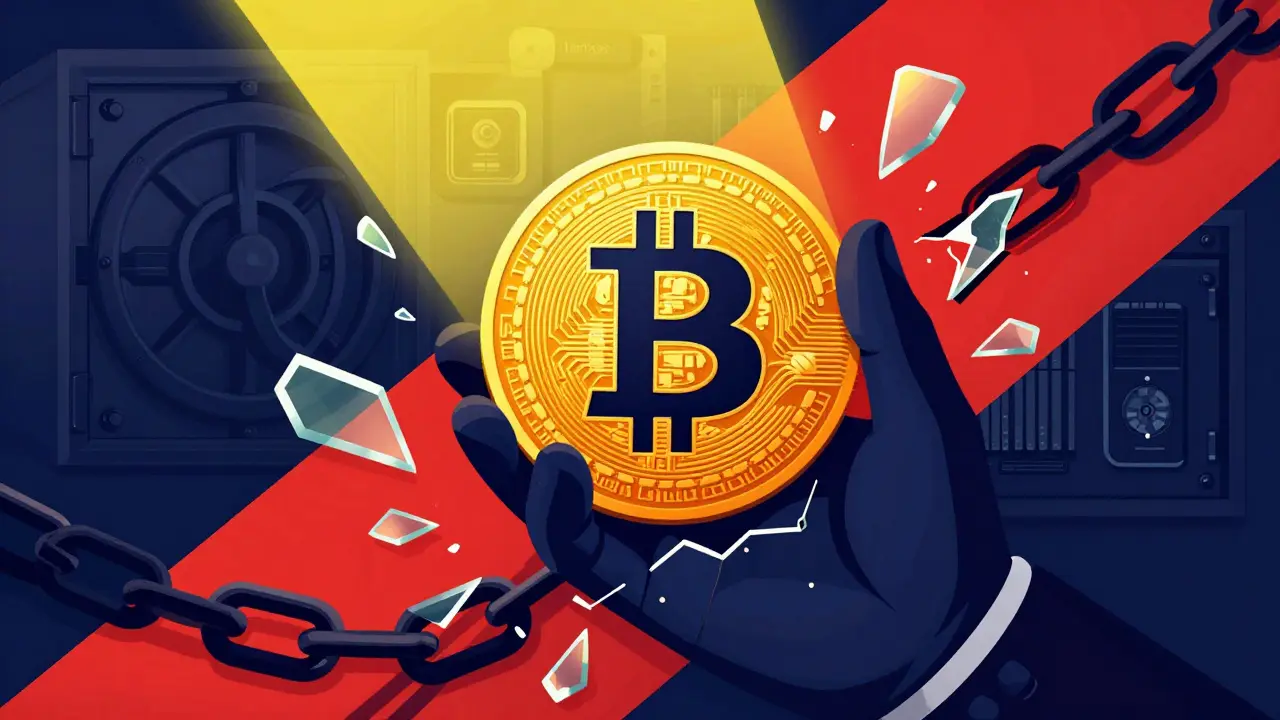 Stylized image of a Bitcoin held by a dark hand near broken chains, contrasting with safe hardware wallets in light.