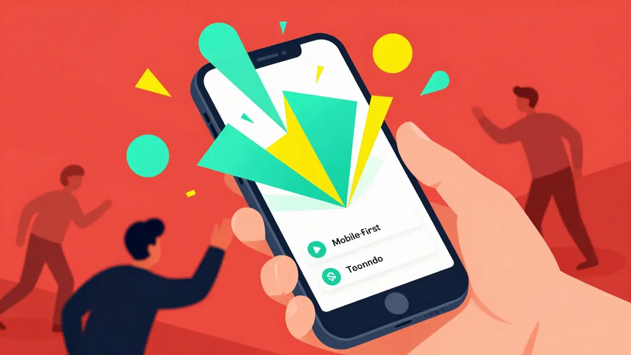 Stylized smartphone emitting abstract shapes for mobile crypto use