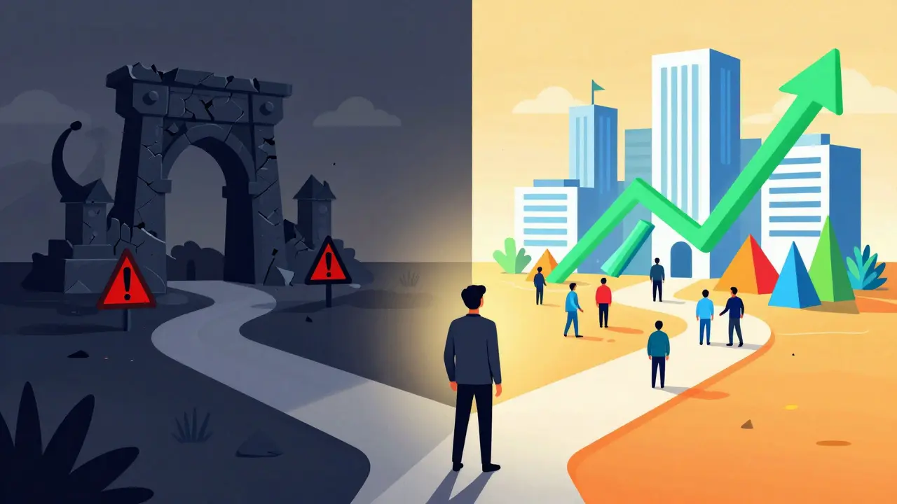 Trader choosing between a dark risky path and bright safe exchanges.