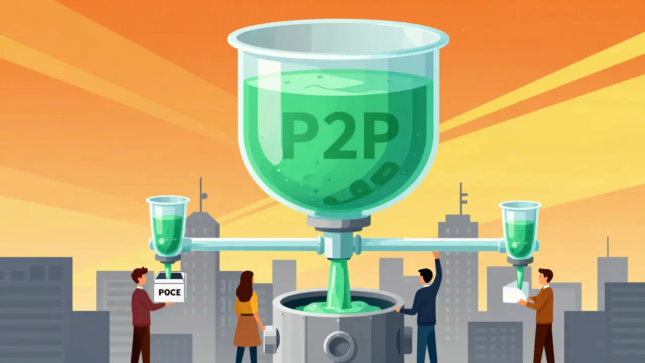Transparent pool distributes funds to individuals and charity boxes.