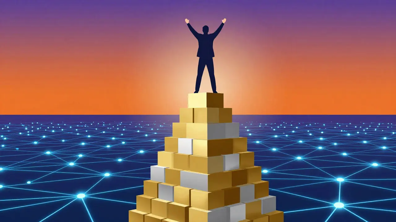 Triumphant figure on a pedestal overlooking a connected digital network.