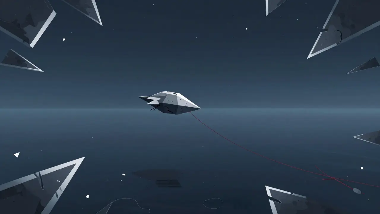A lonely spaceship in a dark, empty void with fragile tethers, symbolizing low liquidity risks