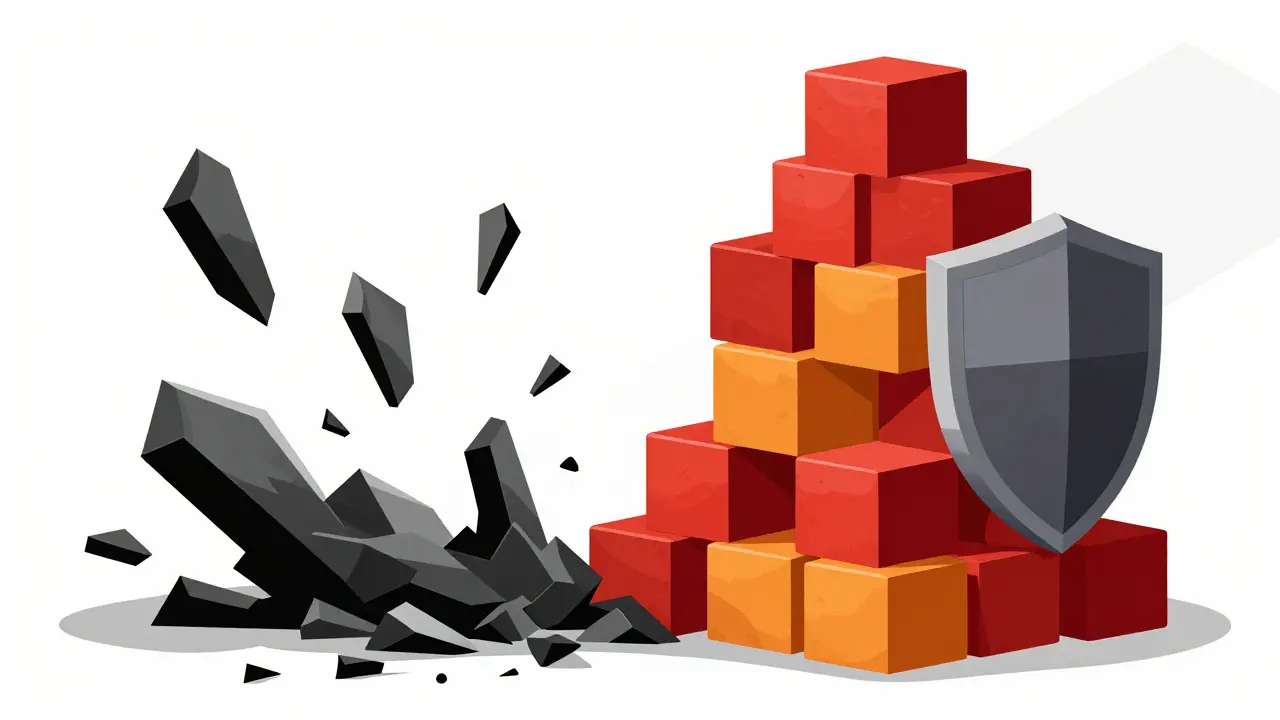 Abstract art contrasting scam risks with secure staking towers