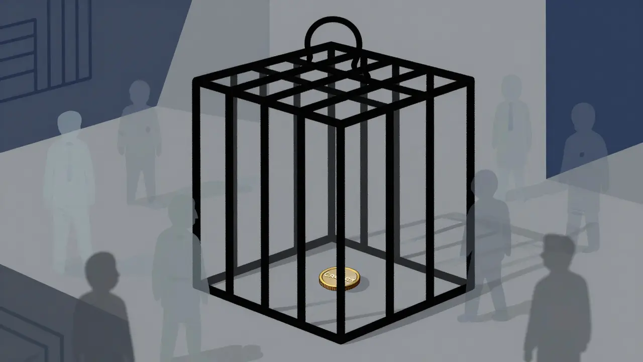 Abstract constructivist art depicting a CRAMER coin trapped in an empty cage, symbolizing illiquidity.