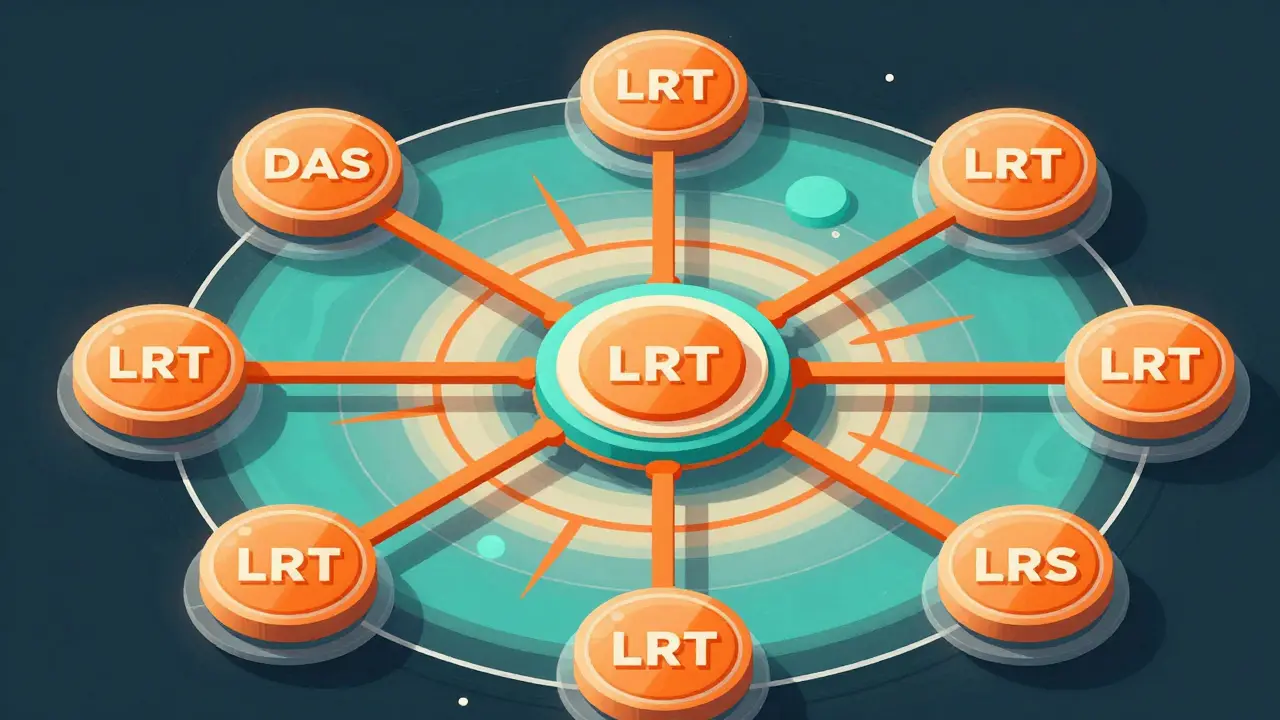 Abstract constructivist illustration of liquid restaking and DAO governance