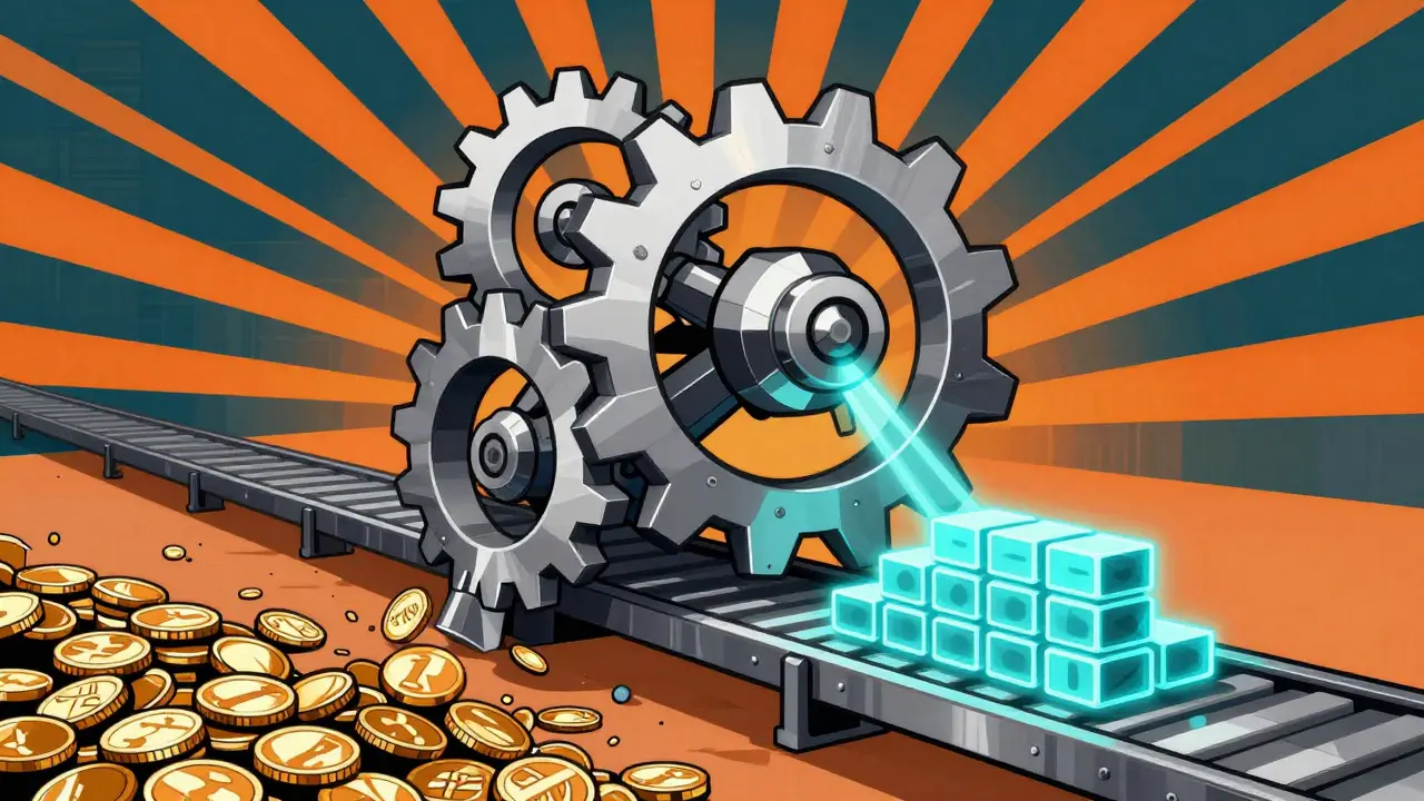 Abstract gears and geometric shapes representing blockchain automation and token wrapping mechanisms.