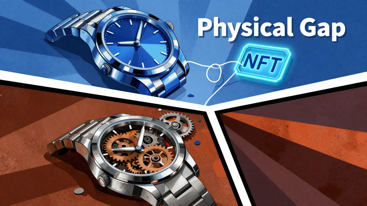 Abstract illustration of a luxury watch with swapped parts vs its digital token.