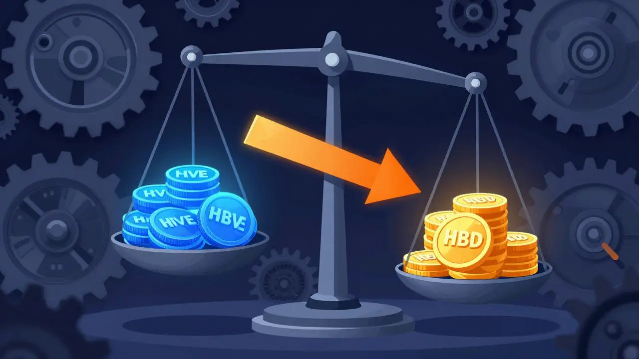 Abstract scale balancing HIVE collateral against HBD coins in constructivist style