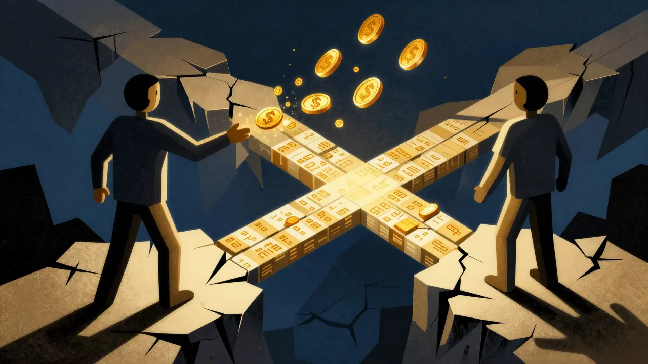Art showing digital tokens bridging a border for remittances