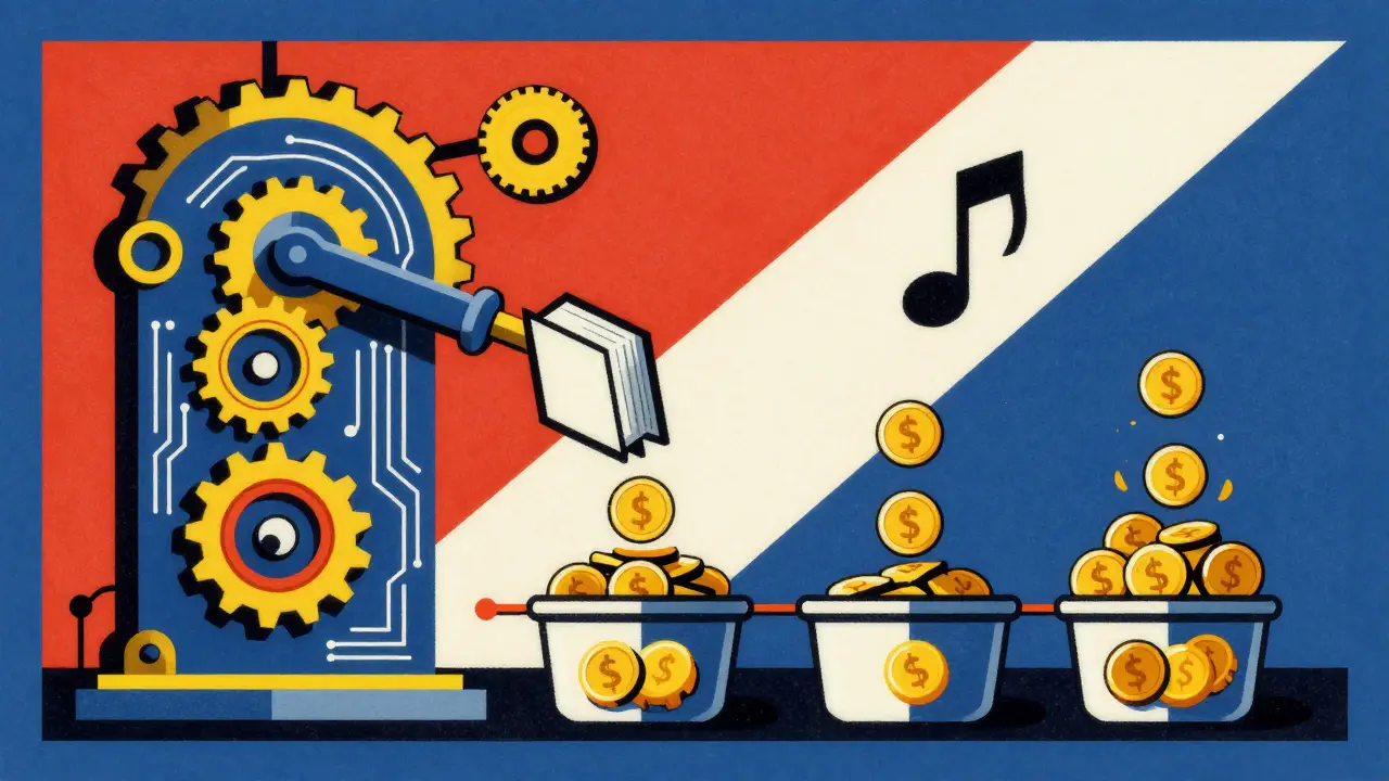 Automated machine distributing coins to creators via smart contract gears.