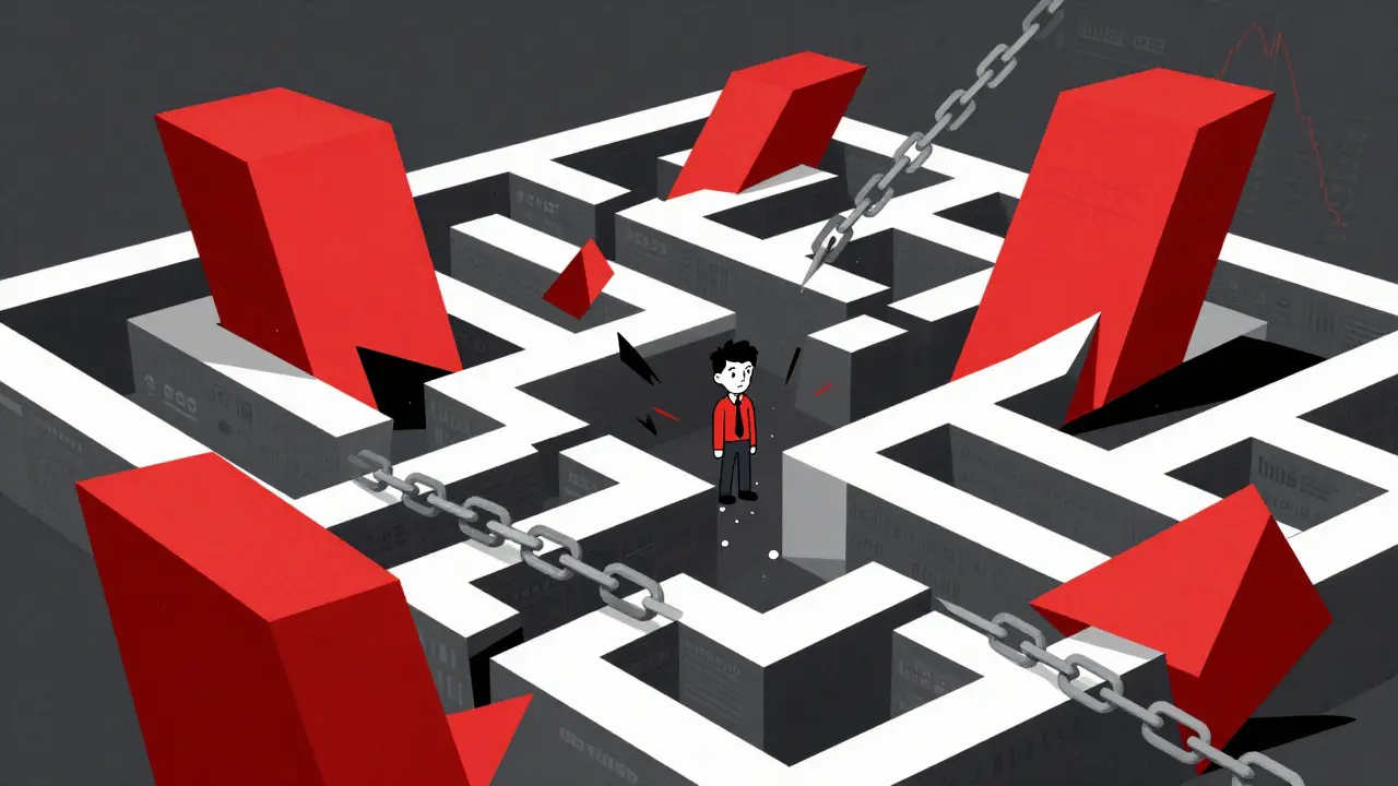 Chaotic maze of fragmented data blocks trapping a confused investor