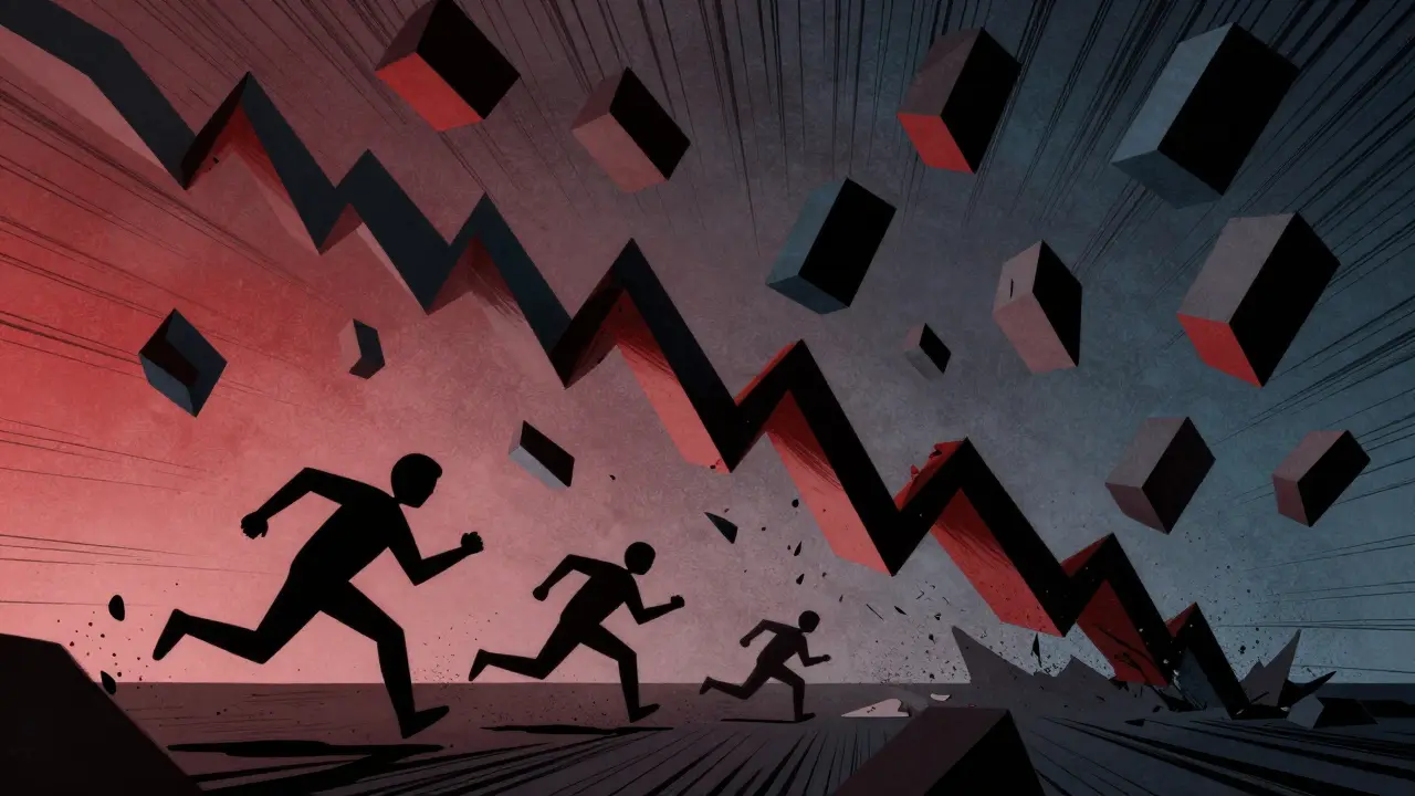 Constructivist style art depicting the ESD death spiral with falling blocks and fleeing figures.