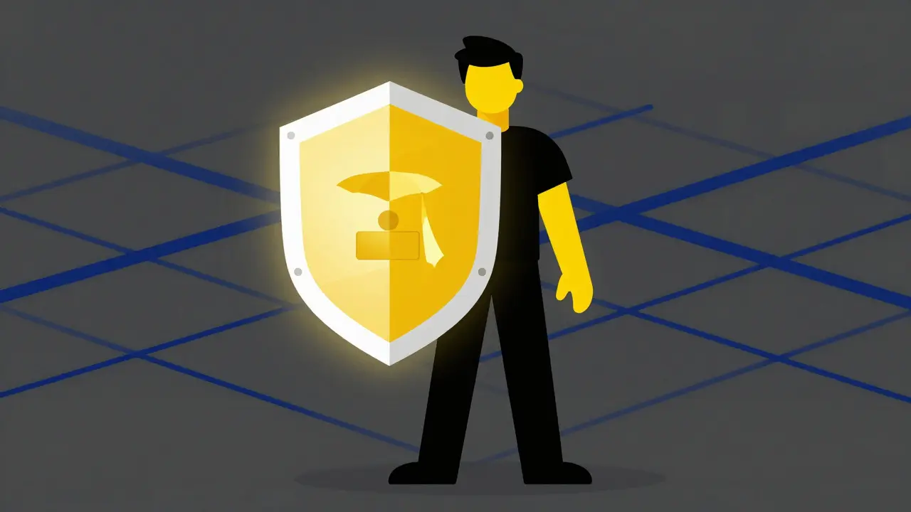 Constructivist style figure holding a shield representing secure digital credentials