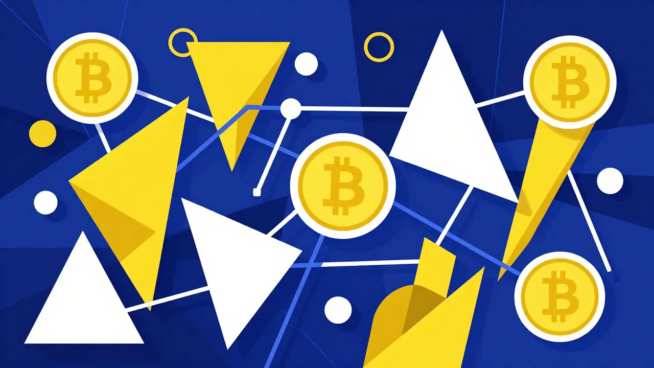 Constructivist style illustration of crypto tokens and network connections