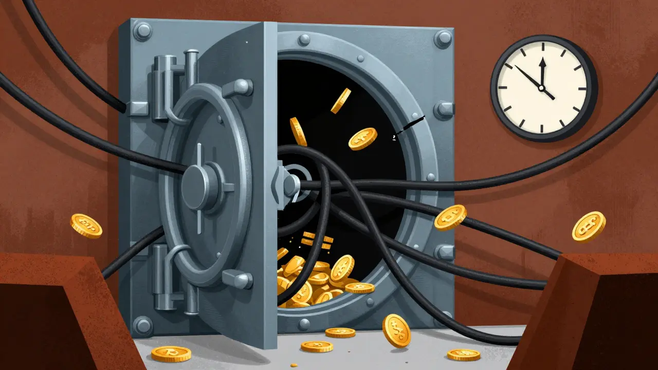 Constructivist style image of blocked vault doors and tangled wires representing delayed crypto withdrawals.