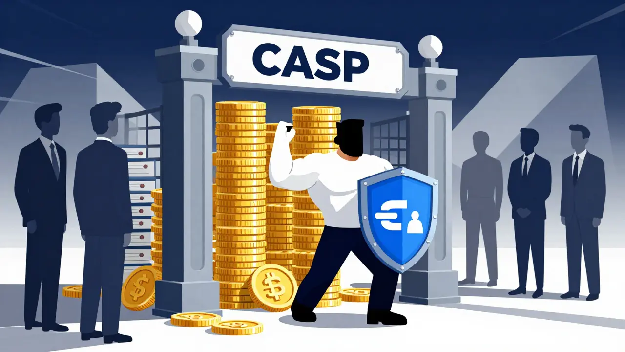 Figure facing a gate of coins and ledgers, representing CASP compliance costs