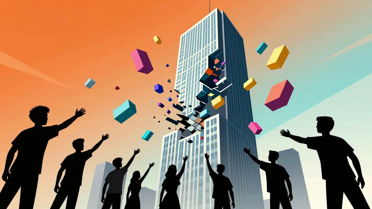 Floating geometric building blocks symbolizing fractional real estate ownership